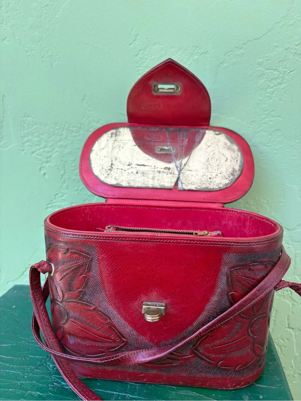 Vintage Red Tooled Leather Mexican handtooled Bag with Turn-Lock Closure
